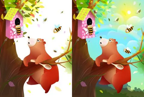 Bear Climbing Tree for Honey and Angry Bees Stock Illustration