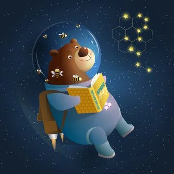 Bear Cosmonaut Reading Book Study in Outer Space Illustrazione stock