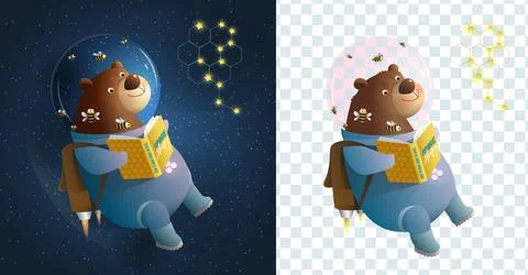 Bear Cosmonaut Reading Book Study Science in Space Stock Illustration