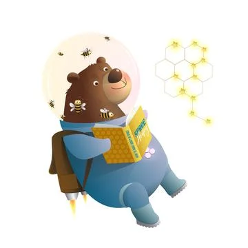 Bear Cosmonaut Reading Book Studying Astronaut Stock Illustration
