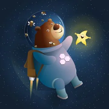 Bear Cosmonaut in Space with Star Friend Funny Teddy Stock Illustration