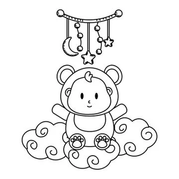 Bear costume sitting over a cloud in black and white Ilustración de archivo