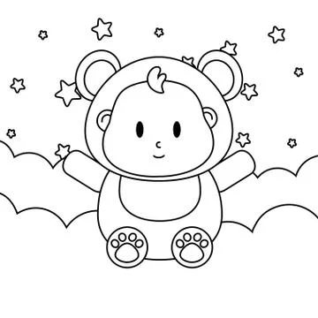 Bear costume sitting over a cloud in black and white Stockillustratie