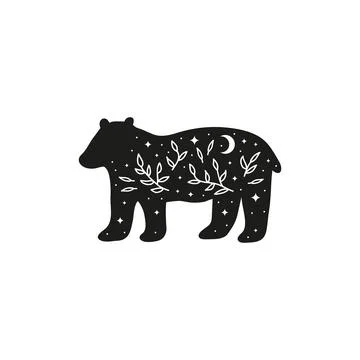 Bear with crescent moon, leafy branches, stars. Stock Illustration