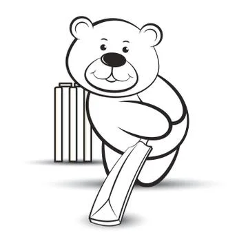Bear with cricket bat in black &amp; white Stock Illustration