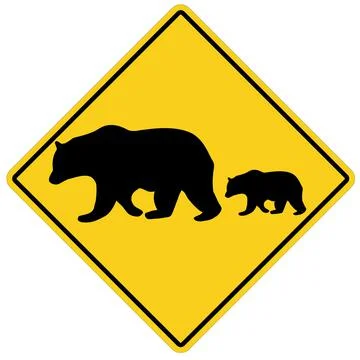Bear Crossing on white background. yellow road sign attention animal bear Illustrazione stock