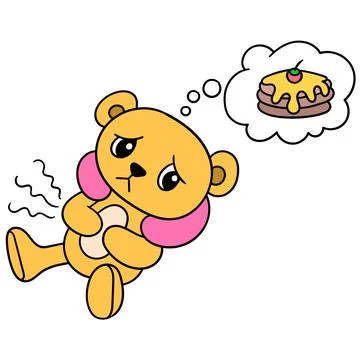 A bear cub with a sad face because she imagines a delicious sweet cake. doodl Stock Illustration