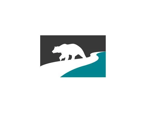 Bear cub walking alone along creek river side as negative space inside two tone  Stock Illustration