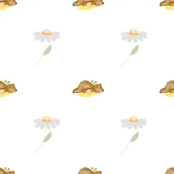 Bear cute watercolor pattern on isolated white background. Kawaii animal lying Stock Illustration