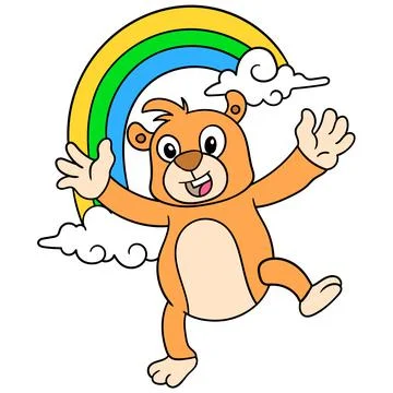 The bear is dancing happily to welcome spring with a beautiful rainbow. doodl Stock Illustration