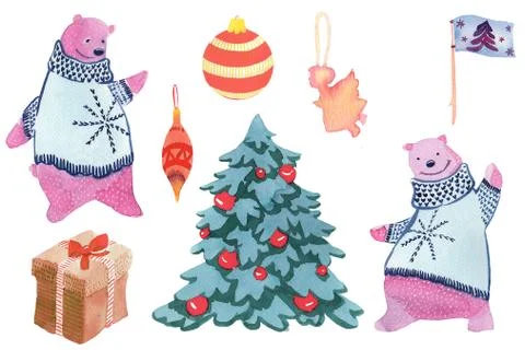 Bear decorates a Christmas tree. Collection of elements Stock Illustration