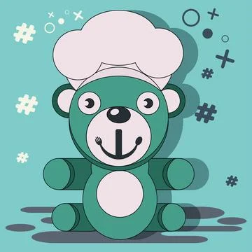 Bear doll wearing chef hat with mouth fork and spoon combination Stock Illustration