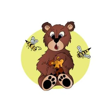 Bear drawn by hand. Cartoon bear eats honey, and bees are flying above it. Ve 스톡 일러스트