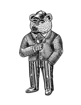 The bear drinks wine or cocktail from a glass with a straw. Fashion character in Illustrazione stock