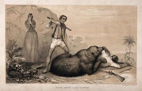 A bear eating a man is about to be killed by a man with a bludgeon while a .. Stock Illustration