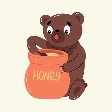 A bear eats honey with a spoon. Stock Illustration