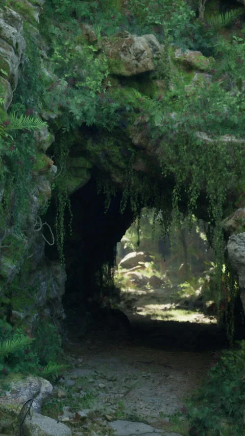 A bear emerging from a cave in the tropical jungle Stock Footage 277247106