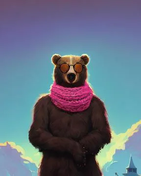 Bear face in glasses. Geek bear in glasses in a knitted scarf wrapped around Illustrazione stock