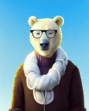 Bear face in glasses. Geek bear in glasses in a knitted scarf wrapped around Illustrazione stock