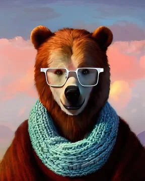 Bear face in glasses. Geek bear in glasses in a knitted scarf wrapped around Иллюстрация