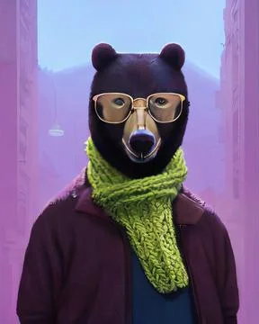 Bear face in glasses. Geek bear in glasses in a knitted scarf wrapped around Illustrazione stock