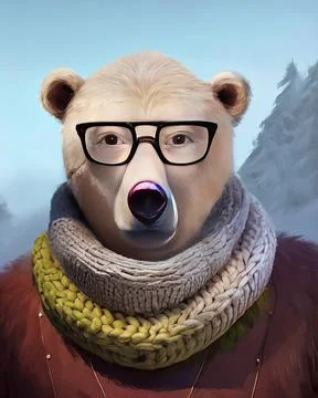 Bear face in glasses. Geek bear in glasses in a knitted scarf wrapped around Stock Illustration