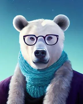 Bear face in glasses. Geek bear in glasses in a knitted scarf wrapped around Illustrazione stock