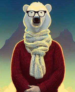 Bear face in glasses. Geek bear in glasses in a knitted scarf wrapped around Иллюстрация