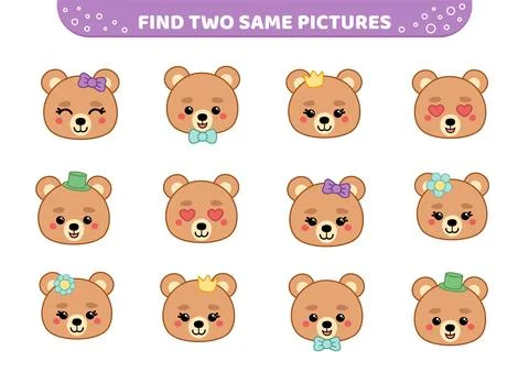 Bear faces. Find two same pictures. Game for children. Cartoon, vector. Stock Illustration