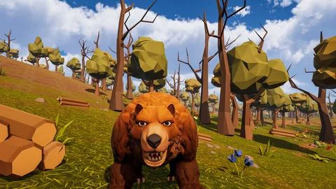 A bear facing the camera with a natural background designed in low poly 3d .. Stock Illustration