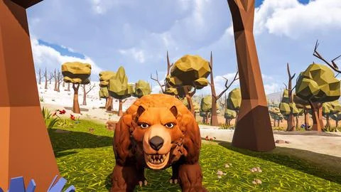 A bear facing the camera with a natural background designed in low poly 3d .. Stock Illustration