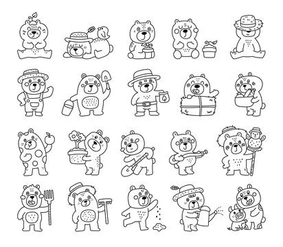 Bear farmer character set in outline line art Stock Illustration
