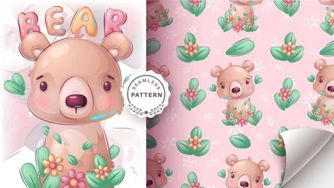 Bear in flower - seamless pattern Stock Illustration