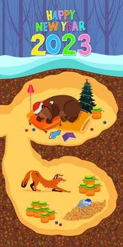 A bear, a fox and a mouse in a lair decorated for the holiday. New Year Illustrazione stock