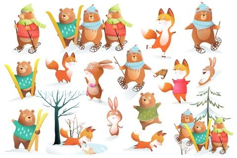 Bear, fox and rabbits skiing and skating in winter Ilustración de archivo