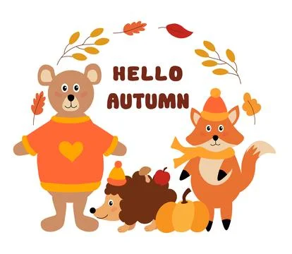 Bear, fox, hedgehog with leaves frame, quote Hello Autumn Stock Illustration