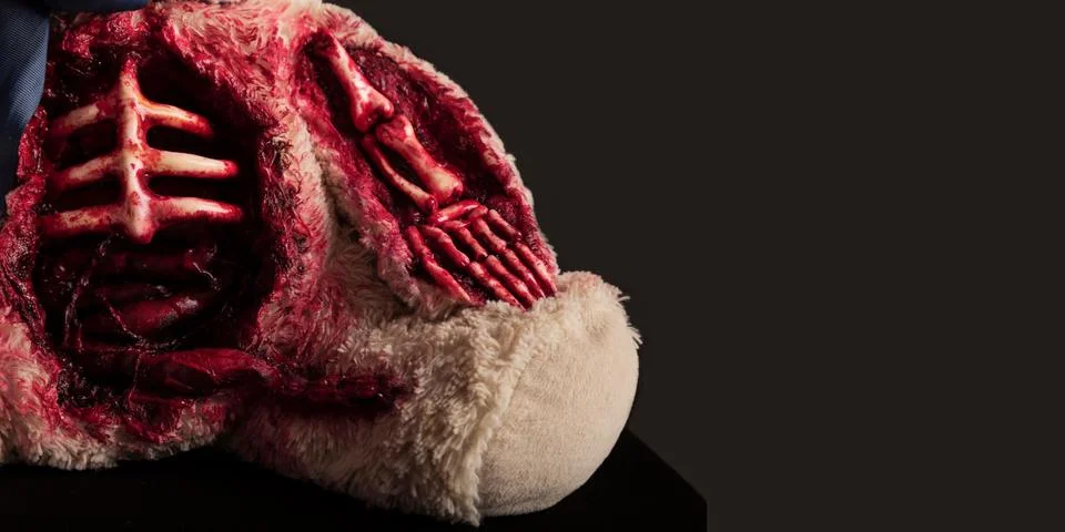 Bear on a gray background close-up with a skeletonized hand and a torn abdome Stock Photos