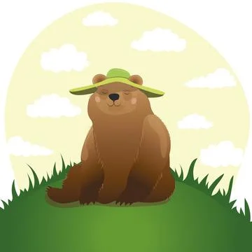 A bear in a green hat sitting in a meadow Stock Illustration