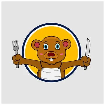 Bear Head Circle Label With fork and Knife Stock Illustration