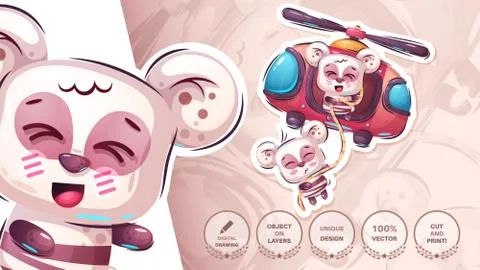 Bear in the helicopter - cute sticker Stock Illustration
