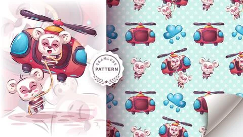 Bear in the helicopter - seamless pattern Stock Illustration