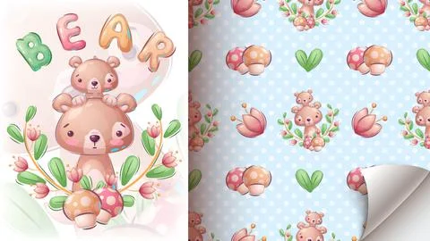 Bear in leaf - seamless pattern Stock Illustration