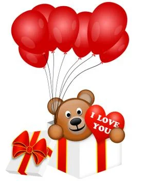 Bear in Love in a present / gift box with red balloons Stock Illustration