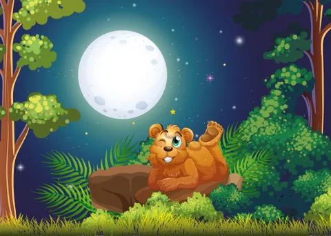 A bear lying above the rock in the middle of the forest Stock Illustration