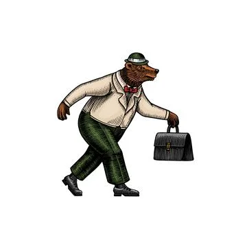 A bear man in a suit, hat and carrying case runs to work. Businessman in a Illustrazione stock