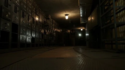 The bear-man walks at us through an old power station. World bear day. Fantastic Stock Footage 125192599