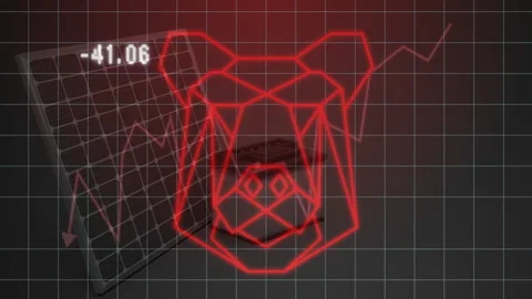 Bear market animation over declining stock chart with red grid background Stock Footage 305726800