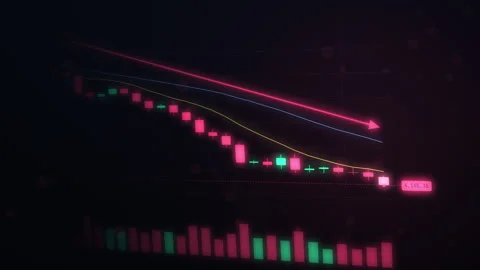 Bear market candlestick chart falling with red trend arrow and volume bars,.. Stockbeeldmateriaal 346889906