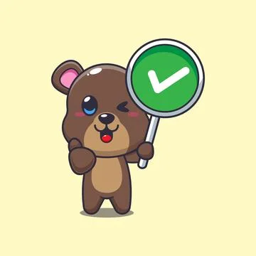 Bear mascot cartoon character vector illustration with correct sign. Stock Illustration