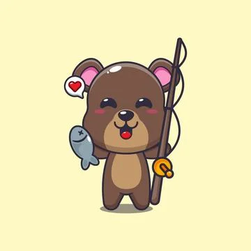 Bear mascot cartoon character vector illustration catching fish with fishin.. Stock Illustration
